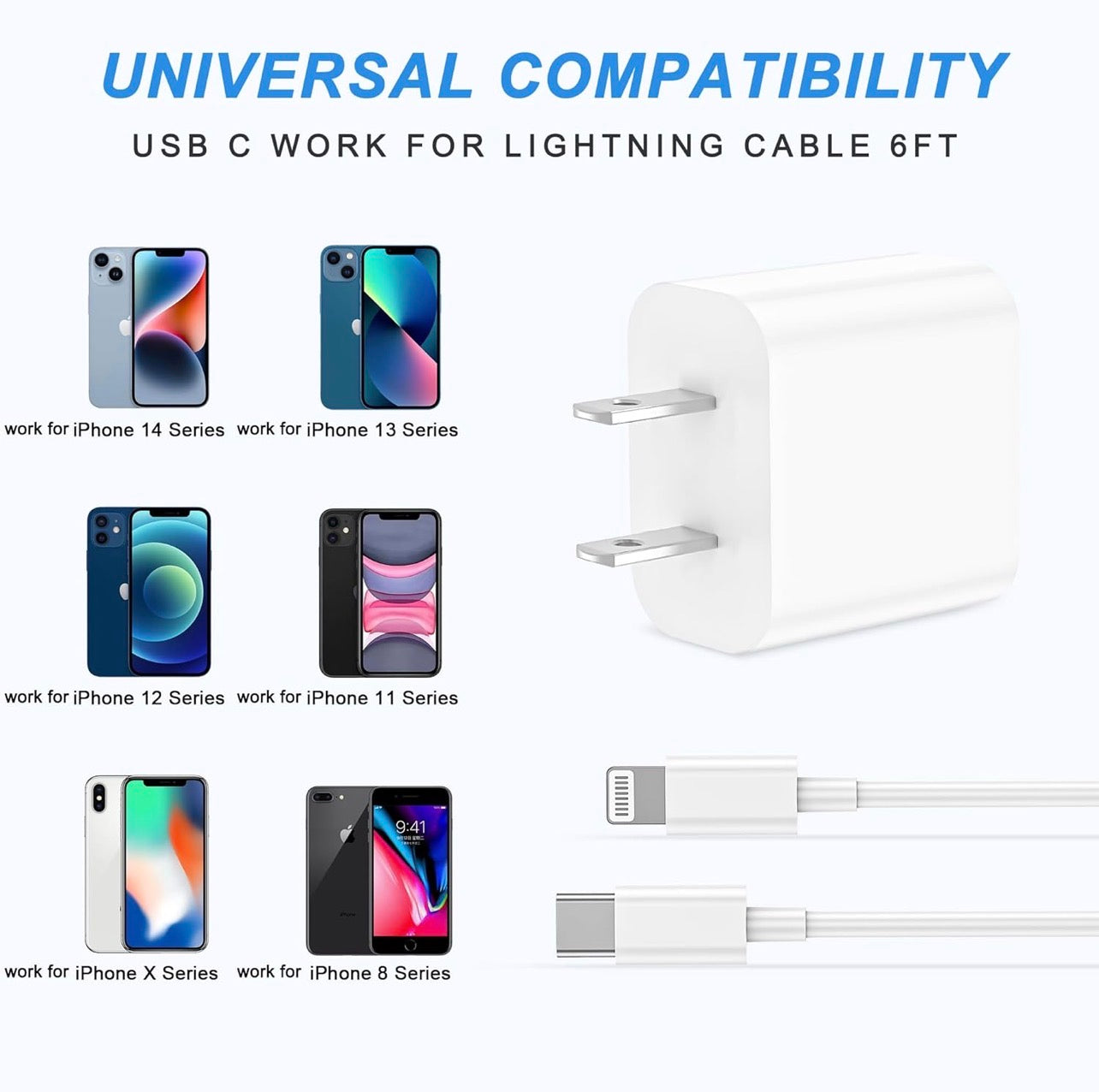 Set of 3 USB-C wall chargers with fast charging for iPhone 1.80M
