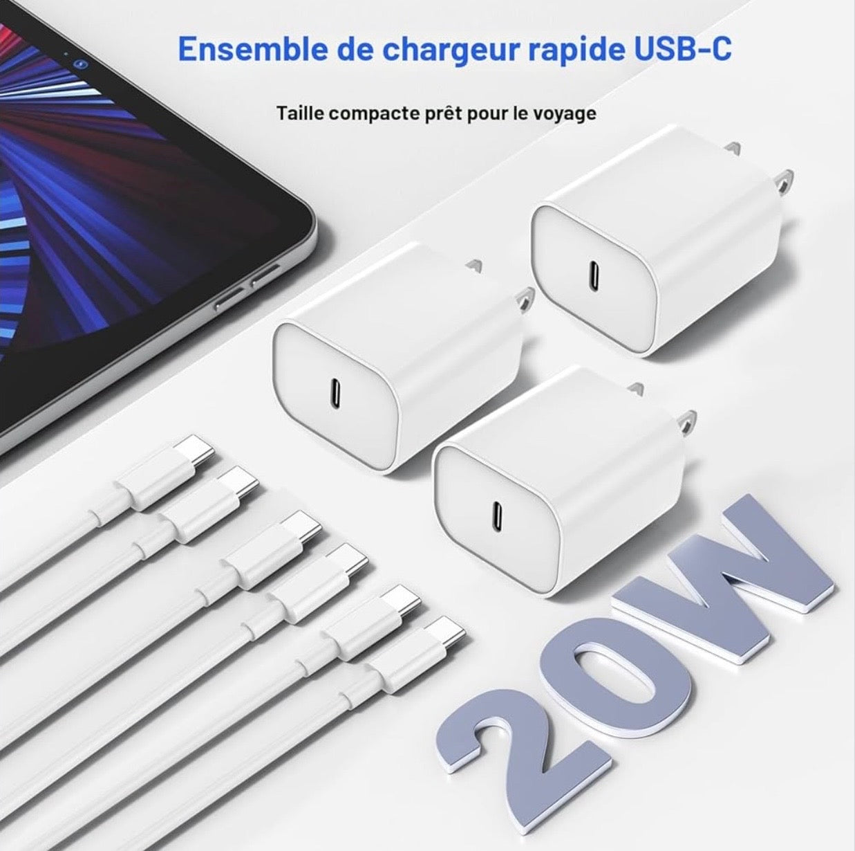 Set of 3 USB-C to USB-C cables of 3 m, 60W