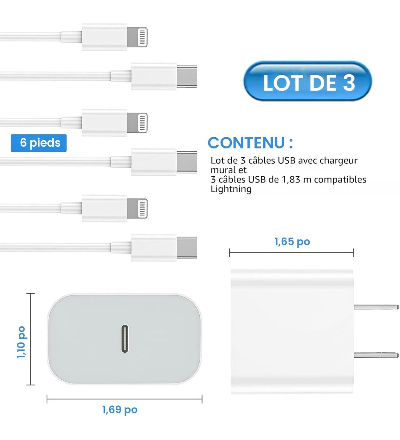 Set of 3 USB-C wall chargers with fast charging for iPhone 1.80M