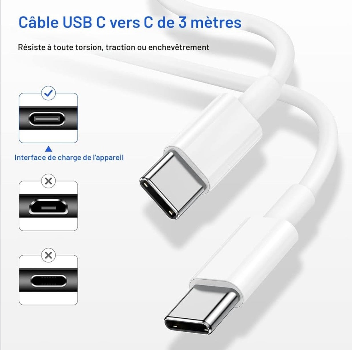 Set of 3 USB-C to USB-C cables of 3 m, 60W